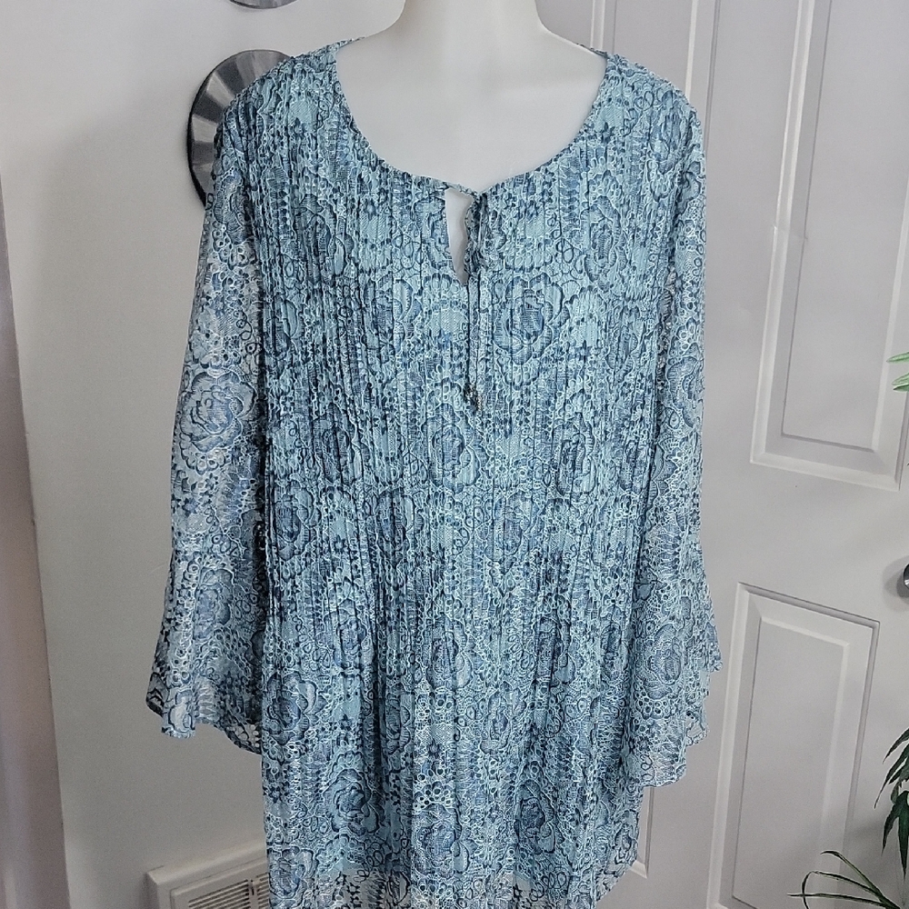 Catherines Floral Bell Sleeve Blue Open Lace Vertical Pleating Patterned  3X